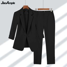 Women Blazer Pants 2 Piece Set Spring Summer Thin Office Lady Basic Joker Black Suit Coat Trousers Outfits Work Clothing Female 231227