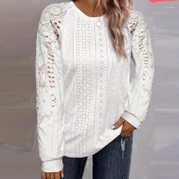 Women's Blouses Women Elegant O-neck Hollow Spring Sexy Embroidery Flower Lace Jacquard Top Pullover Autumn Long Sleeve Office Shirt