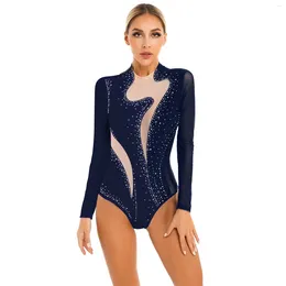 Stage Wear Kids Dance Bodysuit Girls Ballet Gymnastics Figure Skating Leotard Long Sleeve Shiny Rhinestones Catsuit Performance Dancewear