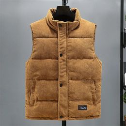 2024 Vest Jacket Men's Autumn Winter Warm Sleeveless Coat Stand Collar Padded Waistcoat Corduroy Work Wear Male Clothes 5XL 231227