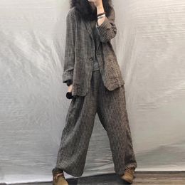 2023 Spring Autumn Women Suit Large Size Casual Suits Fashion Art Retro Loose 2 Piece Set Blazer And Pants Linen 231227