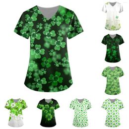 Women's T Shirts Valentine'S Day Four-Leaf Printed Short Sleeve V-Neck Tops Working Pocket Blouse Cropped Y2k Cute Tank Top
