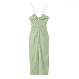 Casual Dresses YENKYE Sexy Women Light Green Linen Blend Corset Midi Dress Front Button Slit Hem Female Sling Party