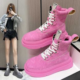 Thick Soled Martin Boots for Women in Autumn and Winter New Dad Shoes with Trendy Color Wiping Lace Up Worn Square Toe Short