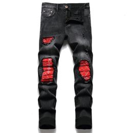 Men Cracked Blue Pleated Patch Biker Jeans Streetwear Holes Ripped Distressed Patchwork Stretch Denim Pants Slim Skinny Trousers 231228