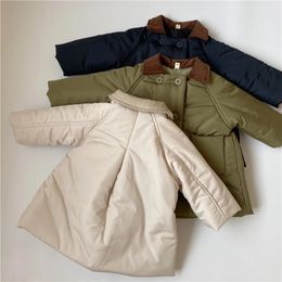 Meninos crianças sólido longo algodão acolchoado jaqueta turn down colarinho veludo grosso cardigan meninas quente confortável outwear casaco 231228