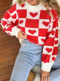 Women's Sweaters Womens Valentine's Day Checker Heart Print Long Sleeve Pullover Crew Neck Knit Tops Fall Winter Clothes