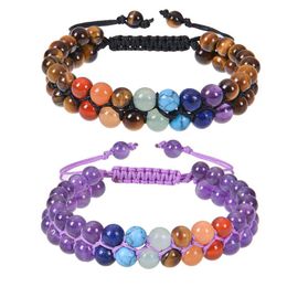 Gioielli 6mm Ametista Onice nero Howlite Doppio strato Bracciale in pietra di cristallo Regolabile intrecciato a mano 7 Chakra Guarigione Yoga Drop Delivery Dhkdl