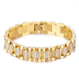 Link Bracelets 14mm Punk Gold Plate CZ Zircon Watchband Bracelet Men Women HipHop Titanium Steel Fashion Chunky Watch Chain Bangle Jewellery