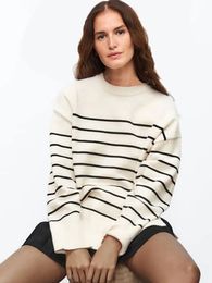 Beige Stripe Baggy Sweater Women Pullover Streetwear Long Sleeve Knitted Tops Female Jumper Autumn Winter Loose Sweaters 231228