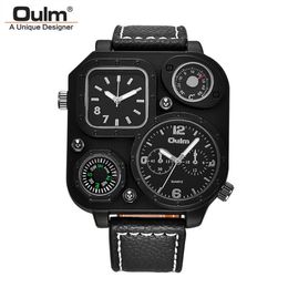 Oulm New Fashion Men's Watches Decorative Compass and Thermometer Quartz Watch Two Time Zone Casual PU Wristwatch314b