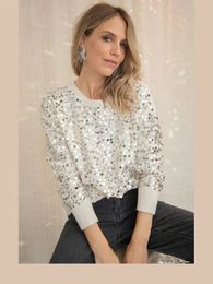Fashion Solid Sequins Sweater Tops For Women Round Neck Long Sleeves Knitwear Autumn Ladies Chic Party Street Pullover 231228