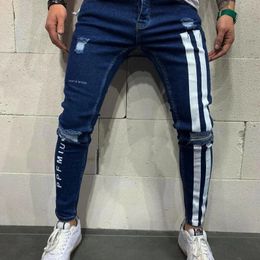 Fashion Streetwear Men Jeans Vintage Blue Colour Thin Destroyed Ripped Broken Punk Pants Homme Hip Hop 231227