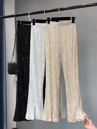 Women's Pants Circyy Y2k Woman Elastic Waist Sequins Slit Cut Wide Leg Trousers Shiny Full Length Straight Female High Street 2023