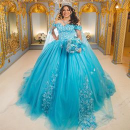 Sky Blue Quinceanera Dresses With Cape Off Shoulder Applique Lace Flower Tull Corset vestidos debutantes 15 anos