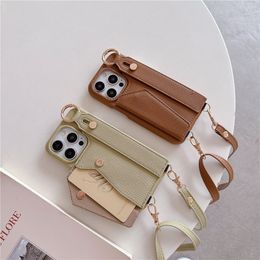 Luxury Shoulder Cross Grain Leather Phone Case for iPhone 15 Plus 14 13 Mini 12 11 Pro Max Stylish Ring Holder Wristband Card Slot Wallet Clutch Kickstand Back Cover