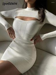 Casual Dresses Women's Long Sleeve Ribbed Knit Sweater Dress Y2K Crewneck Bodycon Cut Out Mini Female Fashion Sexy Slim Party Clothes