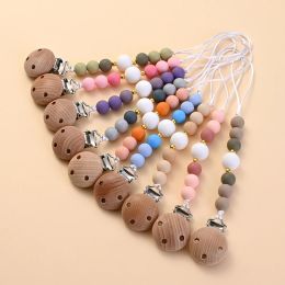 Beech Wood Baby Pacifier Clips BPA Free Silicone Beads Newborn Nipple Holder Teething Nursing Toy Baby Dummy Soother Clip Holder