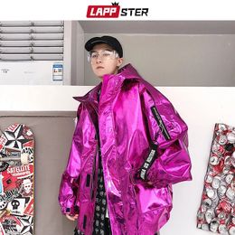 Lappster Erkekler Sokak Giyim Yansıtıcı Bombacı Ceket Erkek Hip Hop PU Ceket Windbreaker Fashion Ins Varsity Ceket Katlar 231227