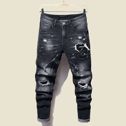 New Casual Ripped Hole Jeans for Men's Paint Dots Ink Splattered Soft Cotton High Elastic Leather Label Black Grey Slim Pants