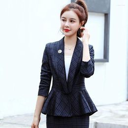 Women's Suits S-L Women Blazer Jacket Plaid Flounce Slim Spring Autumn Casual Office Work Dark Blue