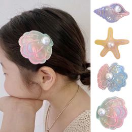 Ocean Star Girls Hairpins Cute Shell Pearl Bangs Side Clip Fantasy Conch Hair Clips Starfish Barrettes Simple Hair Accessories