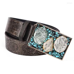 Belts Fashion Embossed Strap With Square Alloy Buckle Turquoises And Stones Decor Belt For Men