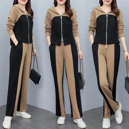 Women's Two Piece Pants Khaki 2023 Autumn Zipper Large Casual Set Colour Block Hooded Coat Wide Leg PantsTwo Pieces