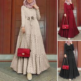 Novo vestido muçulmano marroquino de bolinhas de manga comprida com cintura elegante, vestido de sol, robe de festa