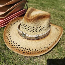 Berets Gradient Hollowed Handmade Cowboy Lafite Straw Hat Women Men Summer Outdoor Travel Beach Hats Western Sunshade Cap 2023