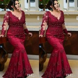 Vintage Burgundy Long Sleeves Prom Mother of the Bride Dresses 2022 Plus size Lace Beaded Sequin Evening Red Carpet Formal Gowns D1846592