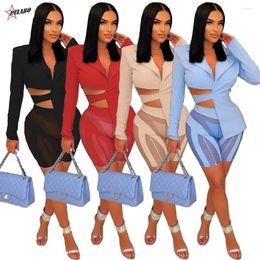 Women's Tracksuits PULABO Women Solid Blazer Suit 2 Piece Sets Notched Long Sleeve Lace Up Bandage Asymmetrical Top Sheer Mesh Patchwork
