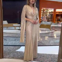 Casual Dresses Women Evening Dress Shiny Sequin Split Sleeves Deep V Neck Party Maxi Slim Fit Tight Waist Knot Pleated Full Length
