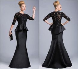 2019 New Black Evening Gowns Sheer Crew High Neck Half Long Sleeves Appliques Lace Beaded Peplum Sheath Formal Dresses Vestido For7244981