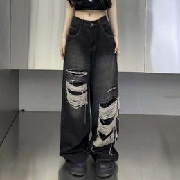 American Style Old Patch Ripped Jeans Women High Street Design Sense Ins Retro Loose Straight Wide Leg Mopping Pants