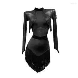Stage Wear Black Fringe Latin Dance Dress Adult Samba Rumba Dancing Competititon Costume Long Sleeve ChaCha Performance Dresses VDB1452