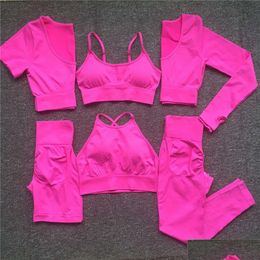 Lu Align Seamless Women Yoga Tracksuits Set Workout Sportswear Gym Clothing Fitness Long Sleeve Crop Top High Waist Leggings Sports S Dhqgf