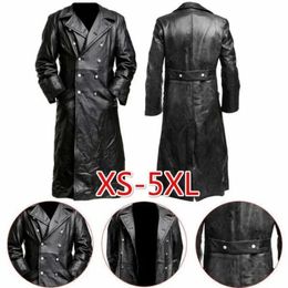 MEN'S GERMAN CLASSIC WW2 MILITARY UNIFORM OFFICER BLACK REAL LEATHER TRENCH COAT y231227