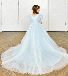 Girl Dresses Light Blue Tulle Puffy Flower Dress For Wedding Applique Lace Floor Length First Communion Birthday Party Ball Gowns