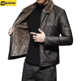 Vintage Brown Leather Jacket Men's Winter Faux Fur Collar Windproof Warm Coat Luxury Clothing Brand chaqueta cuero hombre 231227