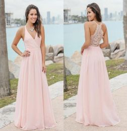 Pink Beach Bridesmaid Dresses V Neck Lace Chiffon Floor Length Bridesmaid Gowns Wedding Guest Dress Party Dresses3358959