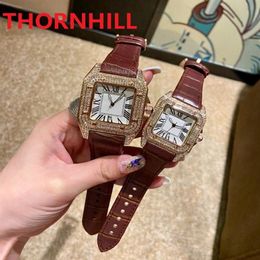 Men Women diamonds ring watches square roman dial Wristwatches leather strap watch Super luminous Sapphire glass montre de luxe249l