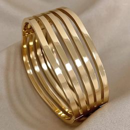 Bangle DODOHAO Chunky Gold Colour Multi-layer Smooth Wide Stainless Steel Bracelet For Women Simple Punk Charm Waterproof Jewellery