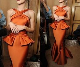 Unique Orange Mermaid Evening Dresses Ruched Satin Cross Neck Women Long Formal Party Gowns Cheap Arabic Prom Dress3041845