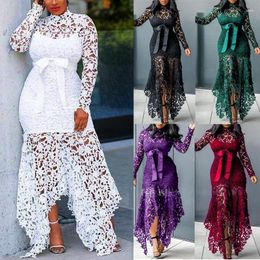 Casual Dresses 2023 Fashion Female Wish Lace Cut Out Long Sleeve Stand-up Collar Tie Irregular Slim-Fit Dress