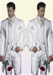 Custom Made Embroidery 3 Piece Groom Tuxedos Long White Men Wedding Suit Bridgroom Men Dinner Prom WearJacketPantsVest6807396