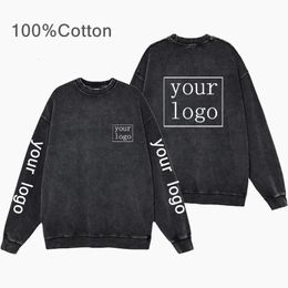 100% Cotton Men's Custom Clothing Crew Neck Pullover Vintage Black Acid Wash Hoodies DIY /Text Print Sweatshirts Y2K Clothes 231228