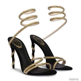 Elegant sandals Designer Rene Caovilla delicate slippers High heels Fine lace senior dress shoes Banquet Party rhinestones retro simple temperament casual shoes