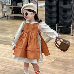 Girl Dresses Girls Casual Vintage Pleated Versatile Childrens Clothing Autumn Embroidery Lapel Collar Princess Style Strap