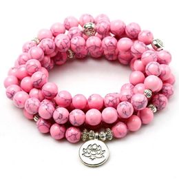 Pink Howlite Stone Healing Chakra 108 Prayer Beads Mala Bracelet Women Jewellery Wrist OM Buddhist Buddha Charm Bracelets280M